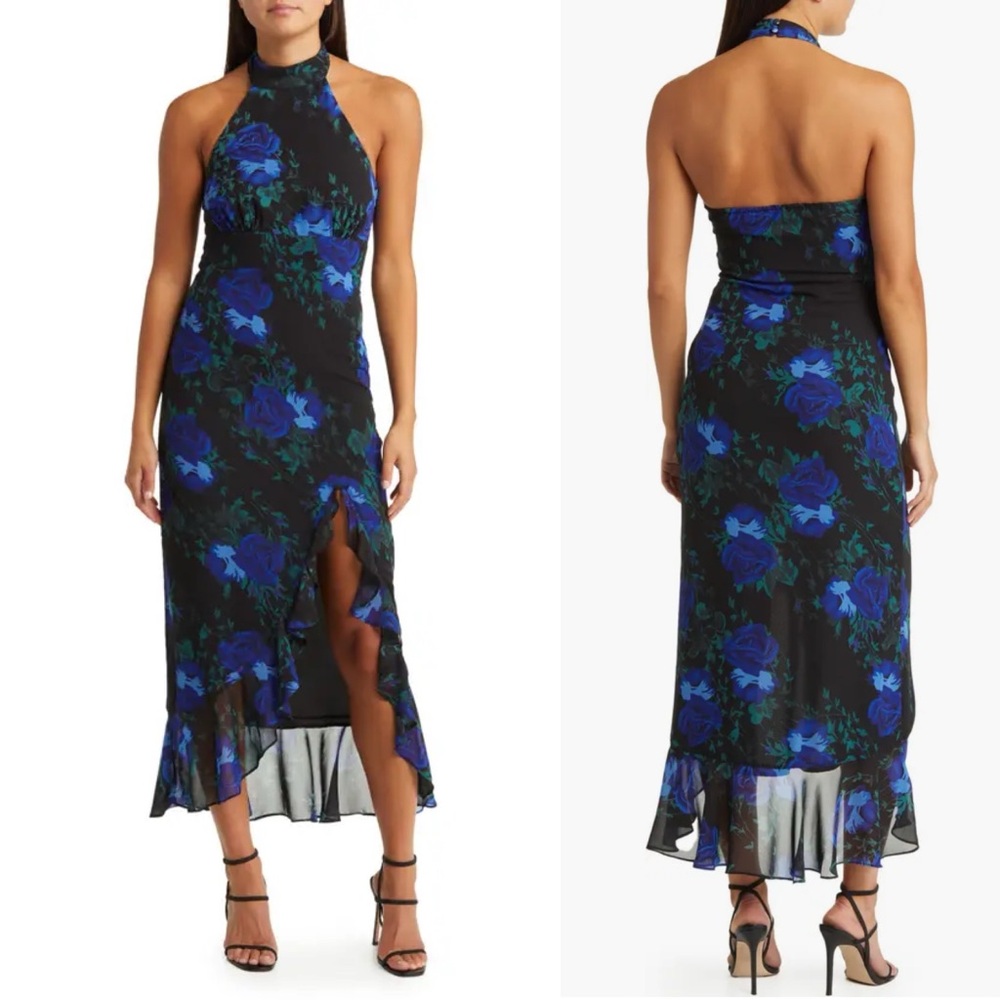 NWT Lulus Elegant Entrance Black Floral Print Halter Maxi Dress Sz S